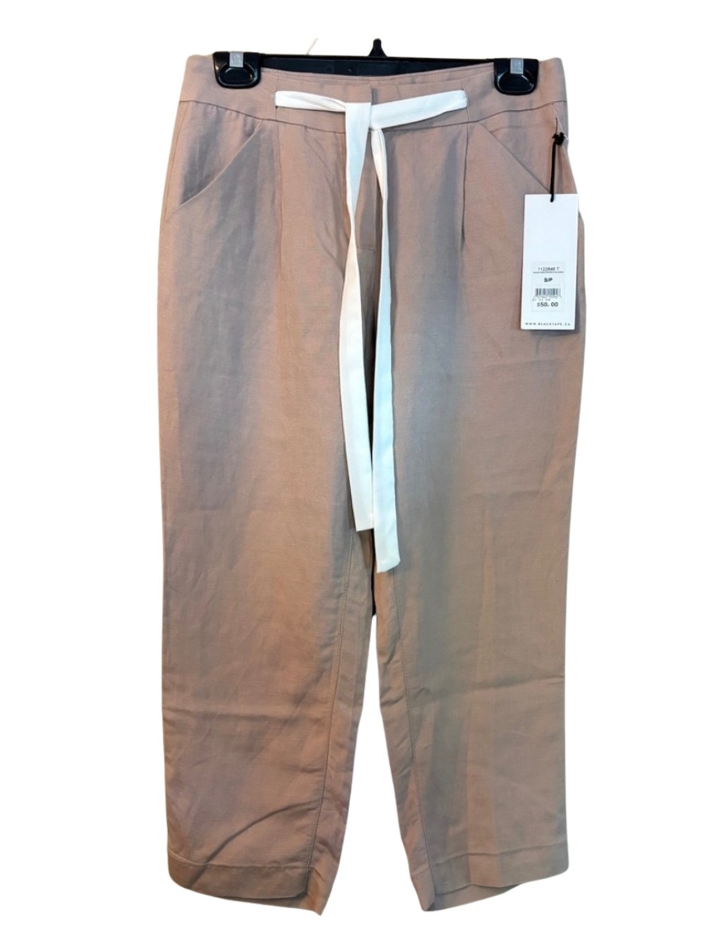 Black Tape Cropped Drawstring Linen-Blend Pants in Pinky-Taupe